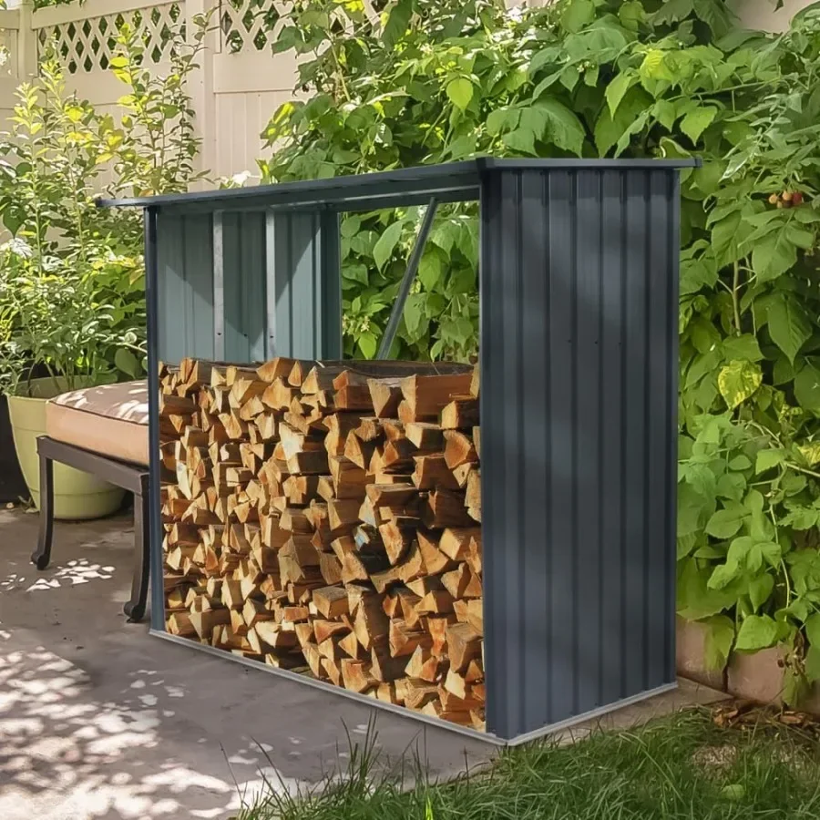 Outdoor Steel Firewood Rack for Firewood, Pellet, or Lumber Storage Black, Open Shed with Sloped Roof, Rust-Resistant Heavy-Dut
