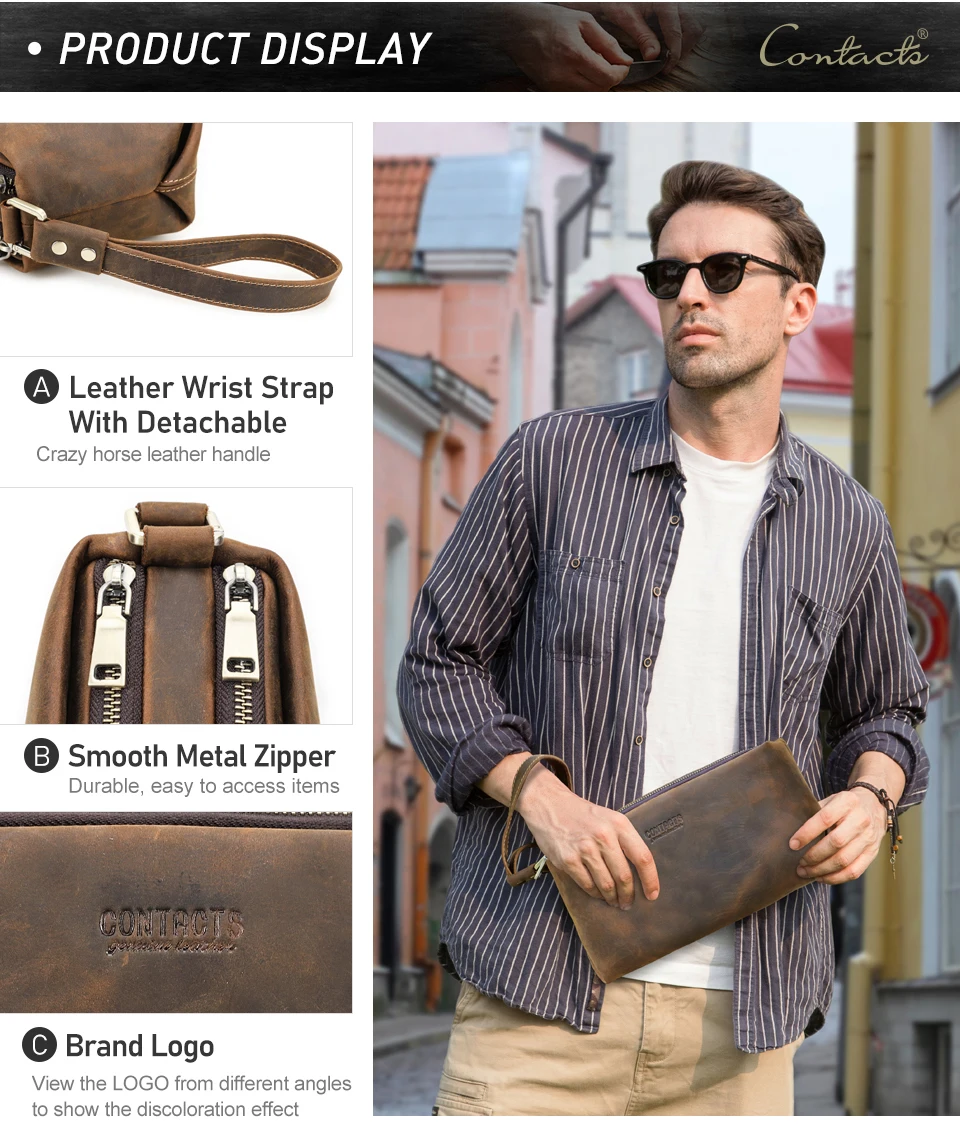 Kontakt Echt leder Männer Clutch Taschen Armband verrückte Pferd Leder Handtasche Herren tasche Handy tasche männliche Kupplungen Brieftaschen – Detail 16
