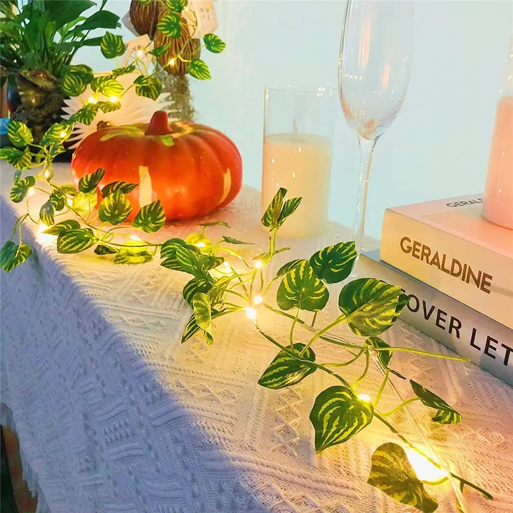 Luci a corda con foglie verdi a forma di fiore Lucine a vite artificiale Luci a ghirlanda per albero alimentate a batteria per la decorazione domestica del diserbo