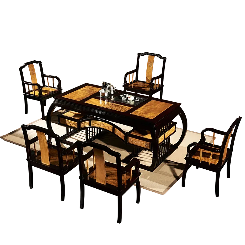 Golden nanmu solid wood tea table and chair combination, kung fu living room tea table, Chinese red sandalwood rosewood furnitur