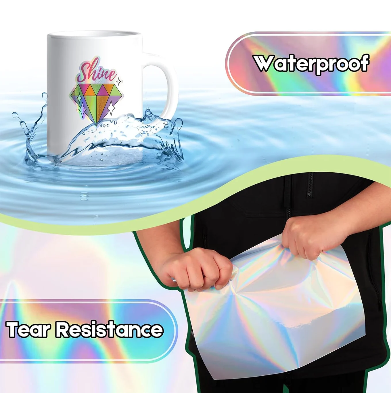 50 Blatt holografisches, regenbogenfarbenes, bedruckbares Vinyl-Aufkleberpapier im A4-Format, 8,3 x 11,7 Zoll, wasserfestes Aufkleberpapier, Regenbogenfarben, für Tintenstrahldrucker – Detail 4