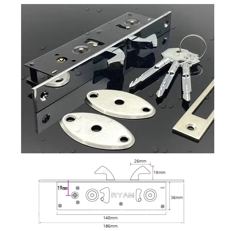 Aluminum alloy sliding door Hook lock Stealth Mortise lock For Wooden door Framed glass door Cross key strong  durable