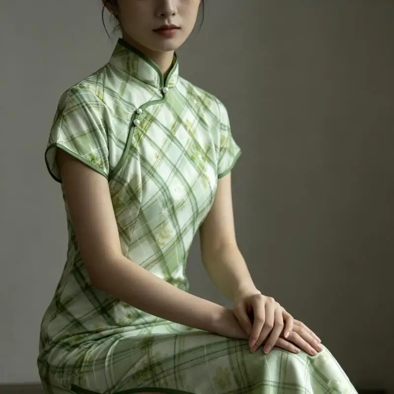 Women Vintage Plaid Long Qipao Print Flower Short Sleeve Cheongsam Sexy High Slit Chinese Dress Classic Dinner Party Vestidos