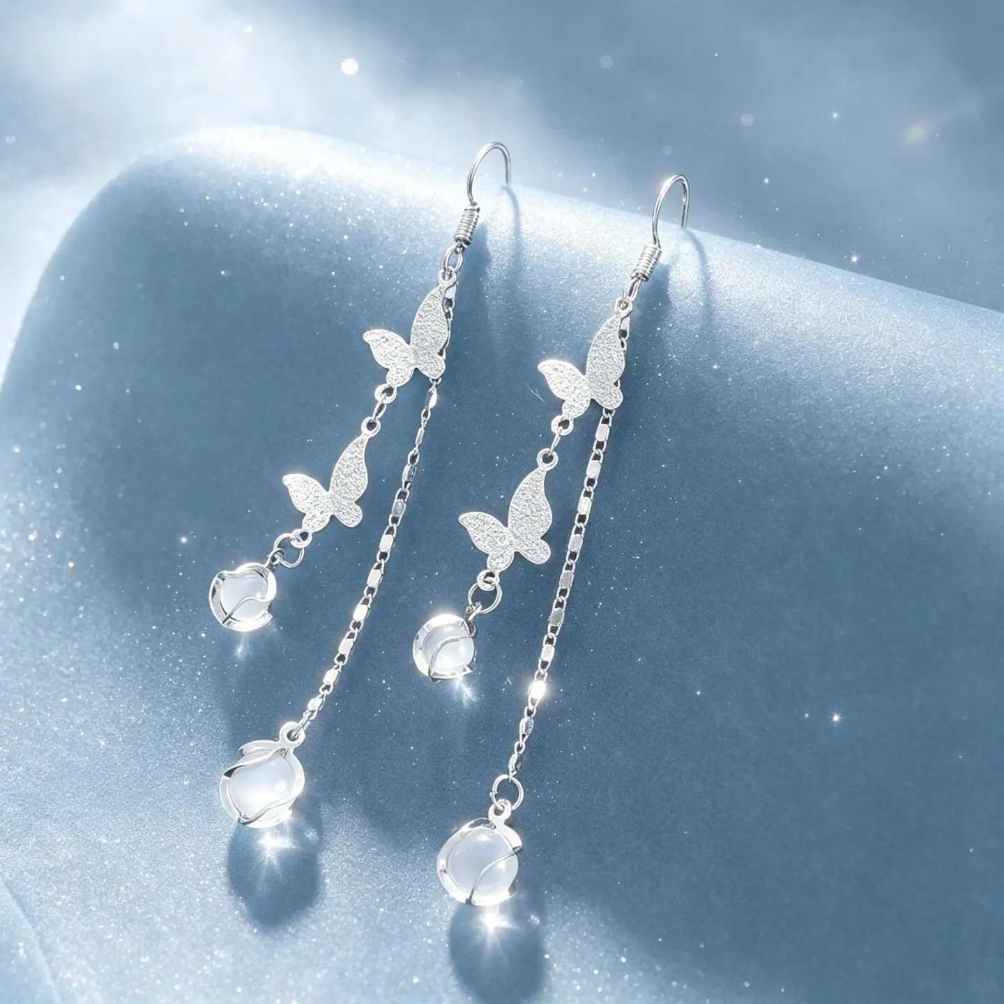 Chinese Style 999 Sterling Silver Dangle Earrings For Women Long Tassel Frosted Butterfly Opal Pendant Earrings Perfect For Cheo