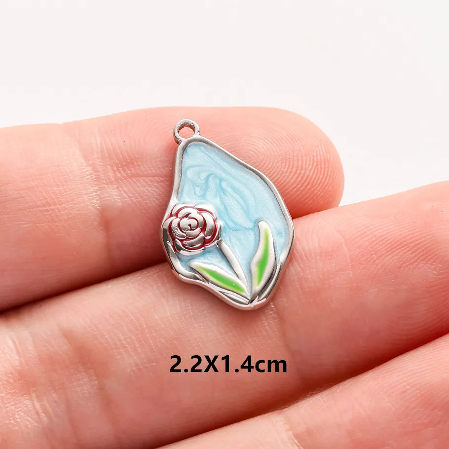 2 Stück Edelstahl-Anhänger mit blau-rosa Emaille, modischer Pflanzen-Charm, natürliche Perlenblumen-Anhänger für die Schmuckherstellung, Halsketten, Großhandel – Detail 10
