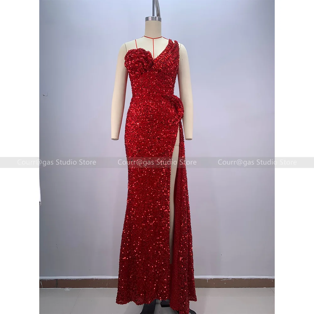 Europe and the United States wind red breasted sequins open fork evening dress female temperament dinner toast long skirt