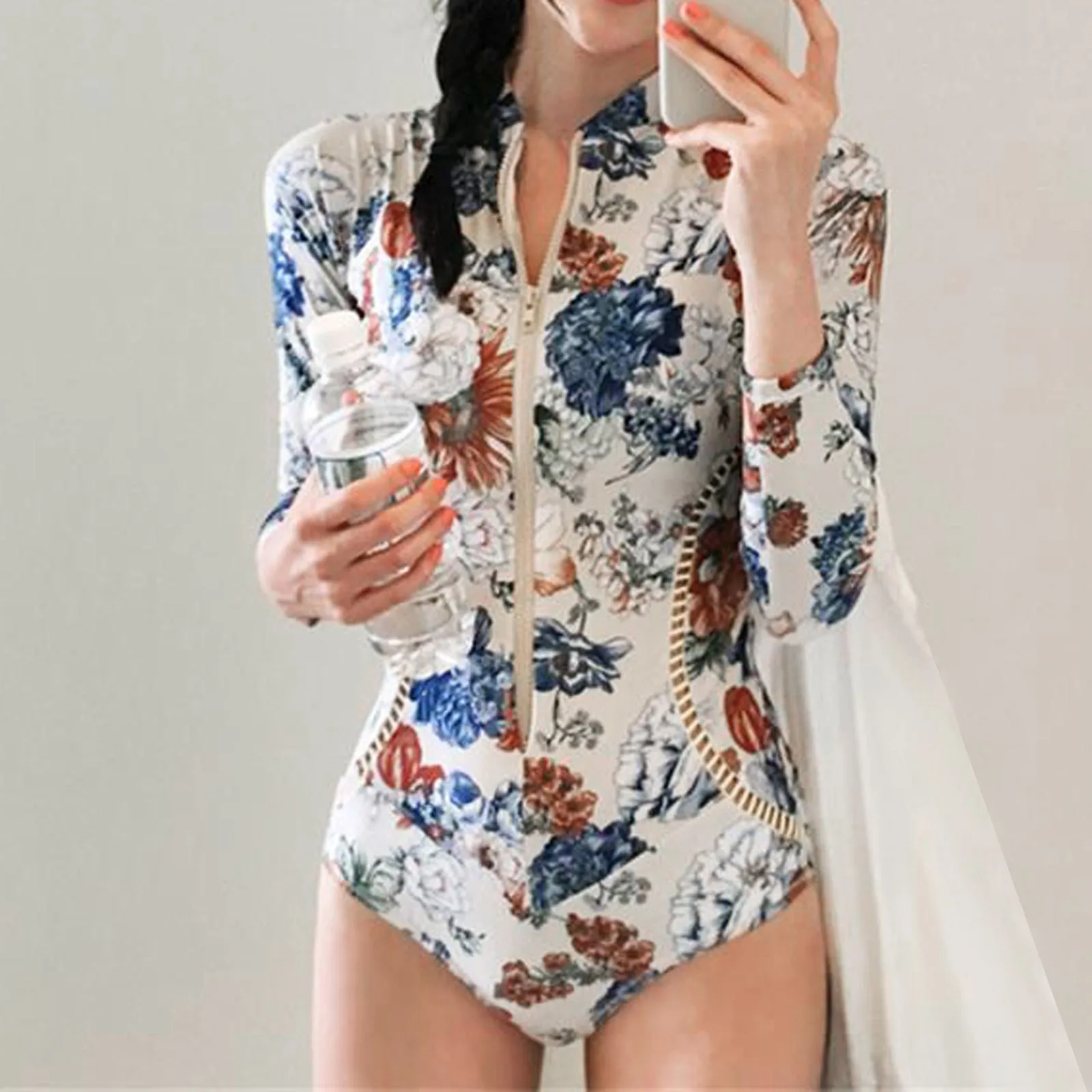 Women Long Sleeves One-Piece Bikini Suits Retro Print Zipper Conservative Swimwear High Cut Thong Beach Pool Bather Bikini 2024