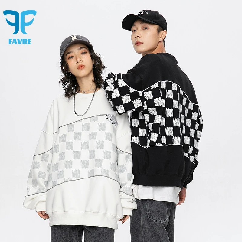 

FAVRE Crewneck Plaid Stitching Sweatshirts Men Spring Autumn Print Pullovers Women Fashion Y2K Casual Personality Loose Top Ins