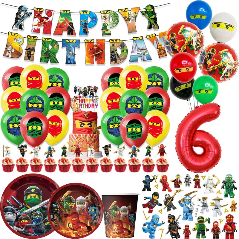Décoration de fête d'anniversaire Ninja Go, gobelets jetables, assiettes, ballons en latex Legoed, nappe, bannière pour enfants, baby shower