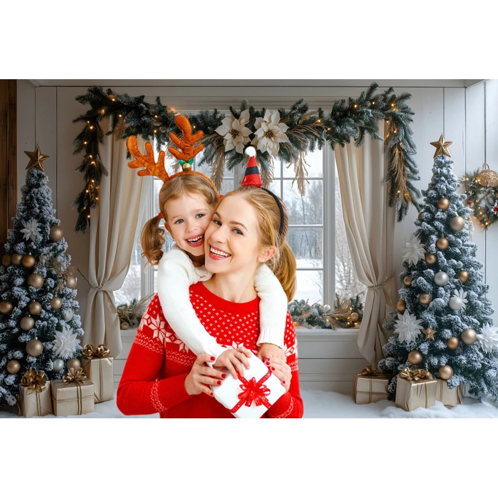 Winter Christmas Photography Backdrop Indoor New Year Snow House Curtain Xmas Trees Wreath Adult Child Portrait Photo Backdrop