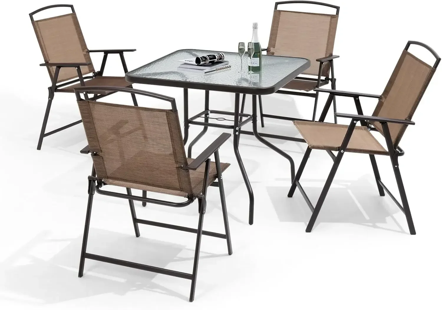 Chairs and Table Outdoor Dining Furniture with Square Glass Tabletop, Umbrella Hole for Bistro, Garden, Backyard, Deck (Brown)