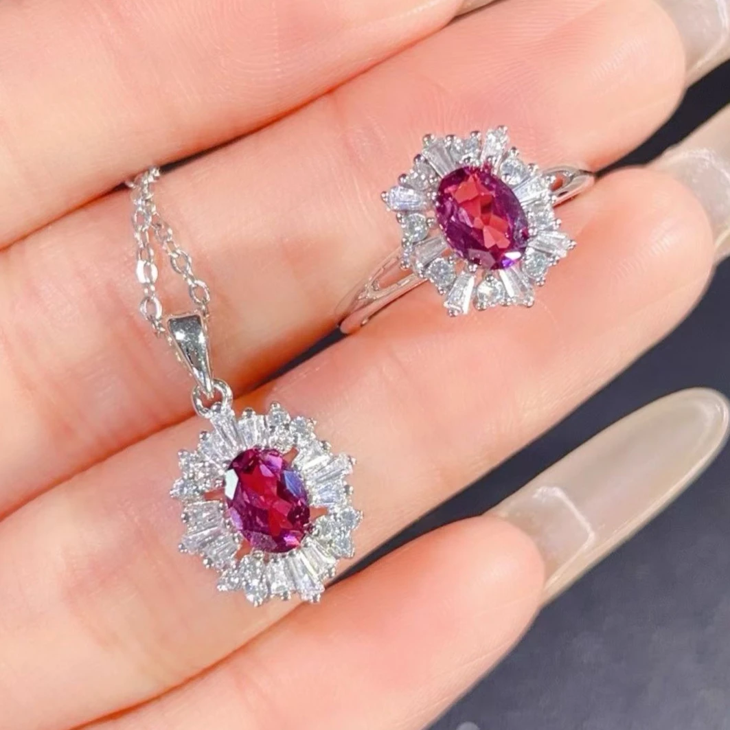 

Natural Garnet 925 Sterling Silver Jewelry Set 5x7mm Fine Craftsmanship Garnet Jewelry with Certificate, Birthday Gift for Women