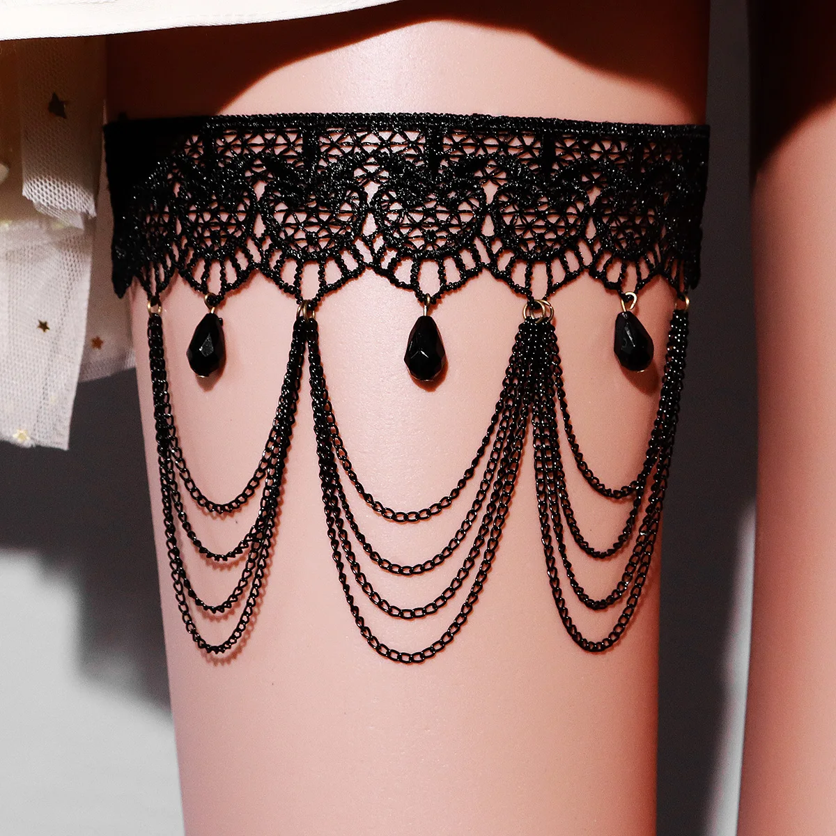 Sexy Gothic Black Lace Thigh Garter Belt Multi-layer Chains Leg Harness Women Body Jewelry Elastic Punk Rave Festival Accessorie