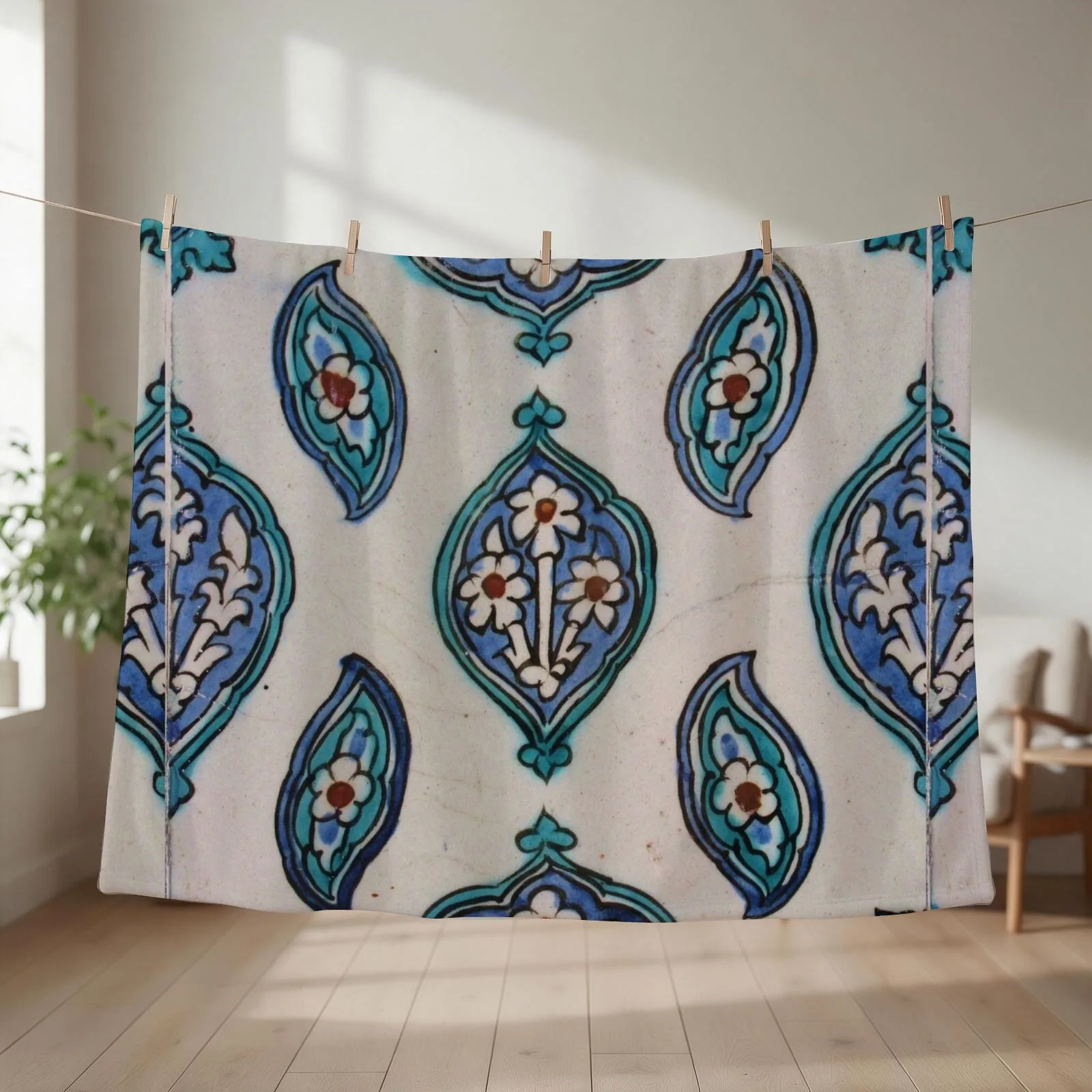 Turkish Ottoman design, Iznik Ceramic Tile Throw Blanket couch cozy soft plush fuzzy picnic outdoor blanket