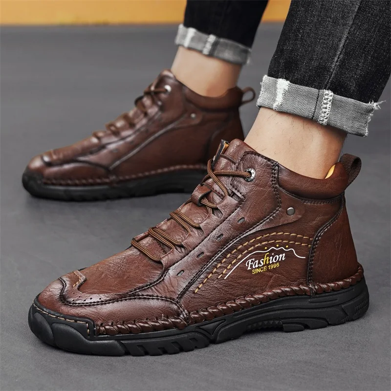 

Autumn New Mens Anti Slip Outdoor Wear-resistant High Top Boots Fashionable Brand Lace Up Comfortable Casual Handmade Sewn Shoes