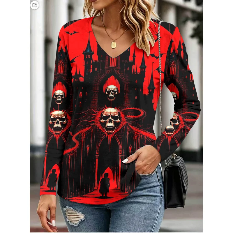 Halloween Women's CollectionVCollared long-sleeve printed shirtTCasual tops for everyday workwear and leisure wear
