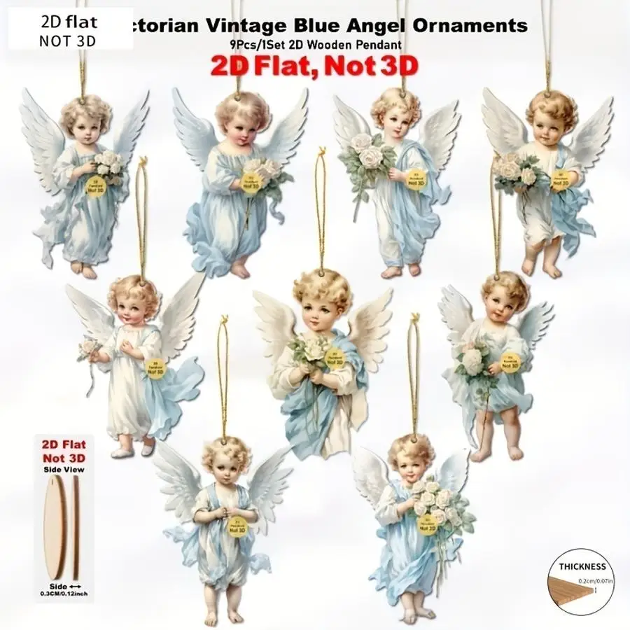 1/5/10/20/50/100pcs 2D Plan, 9-Piece Set of Blue Victorian Angel Ornaments - Vintage Victorian Hanging Decorations with Angel Pe