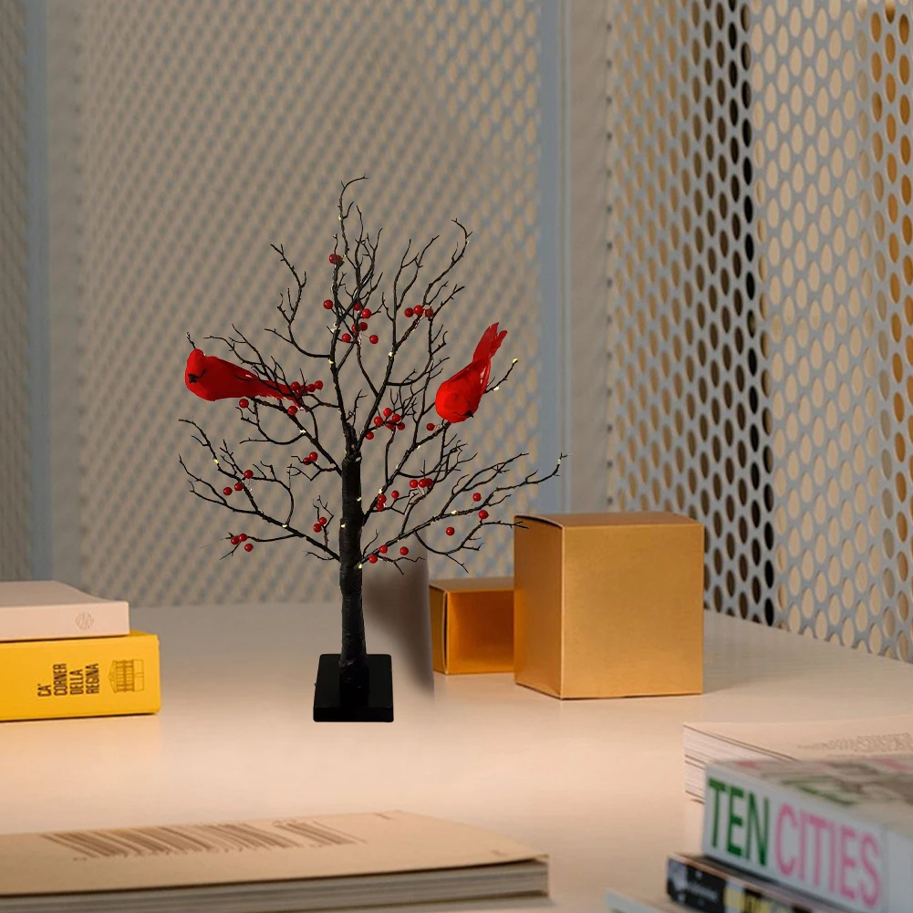 شجرة صغيرة مضاءة شجرة مع الطيور الحمراء والشجرة التوت الجدول الديكور ضوء بطارية تعمل LED الجنية الخفيفة للديكور المنزل #6