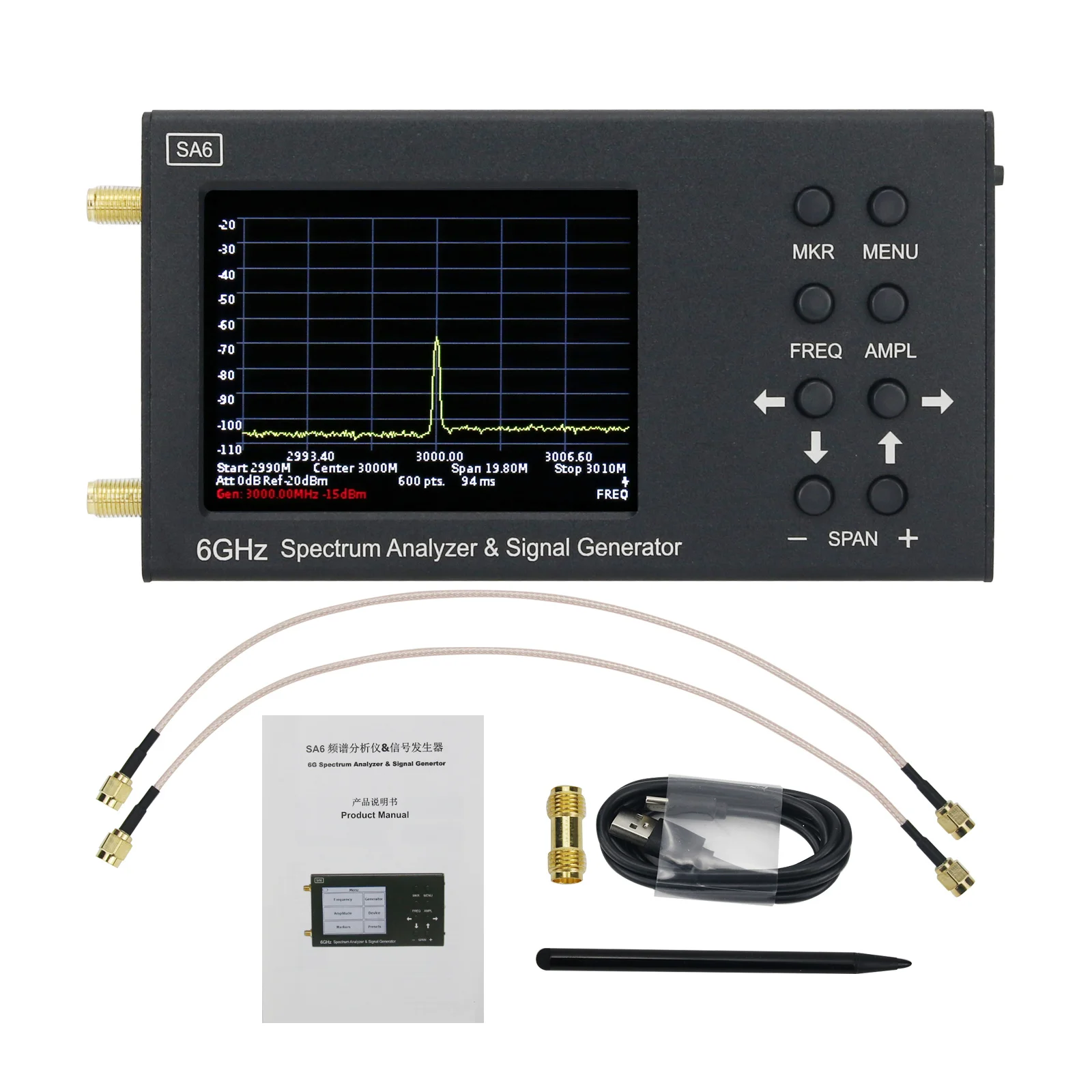 

SA6 6GHz Spectrum Analyzer Signal Generator Signal Source for Wi-Fi 2G 4G LTE CDMA GSM Beidou GPR