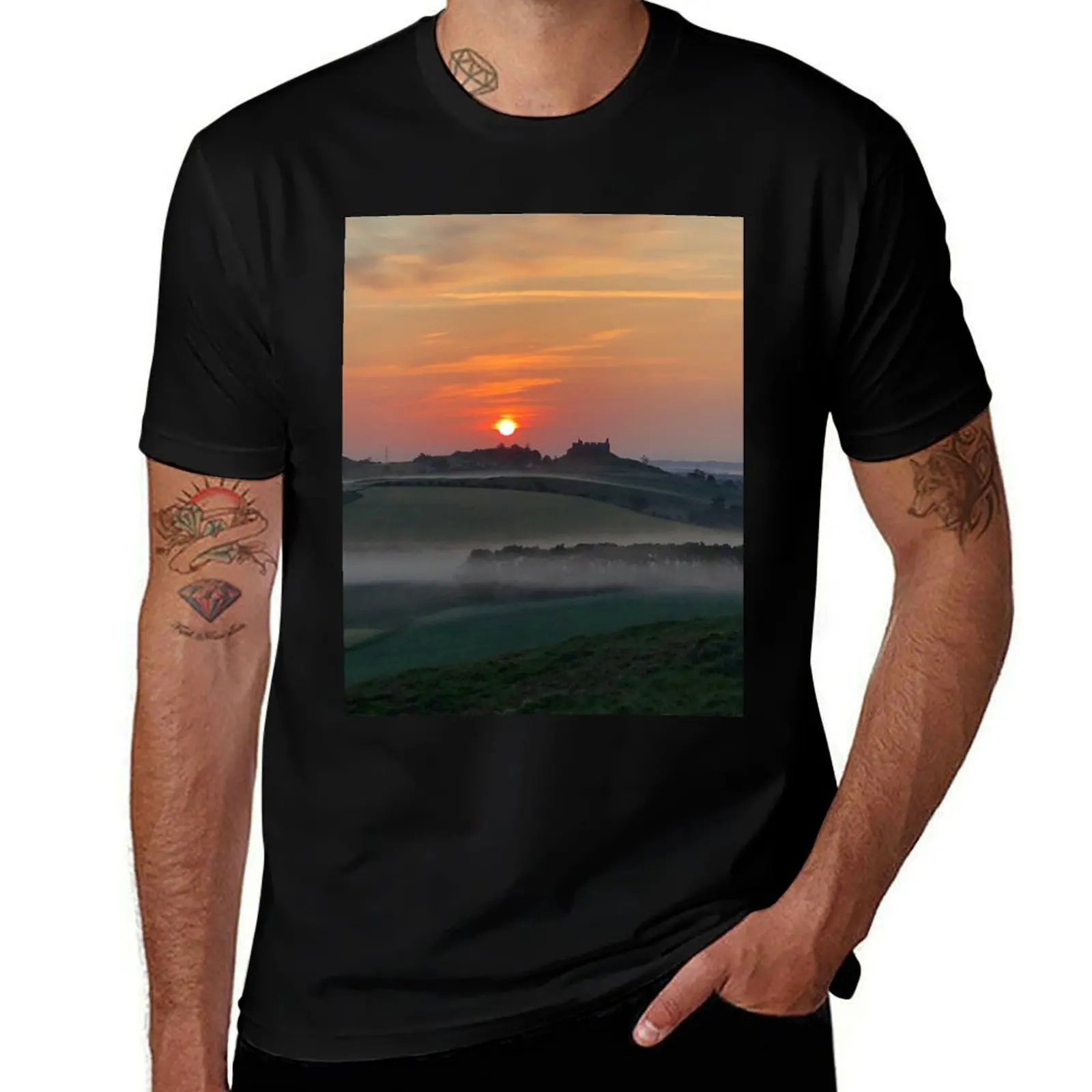 Misty morning glow over Hume Castle near Kelso, Scottish Borders T-Shirt man t shirts cotton T-Shirt