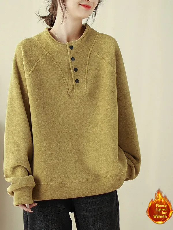 

Winter Thiened Fce Hoodie Oversized Women's Casual Artistic Clothing Stand Collar Long Sve Sweatirt for plus Size