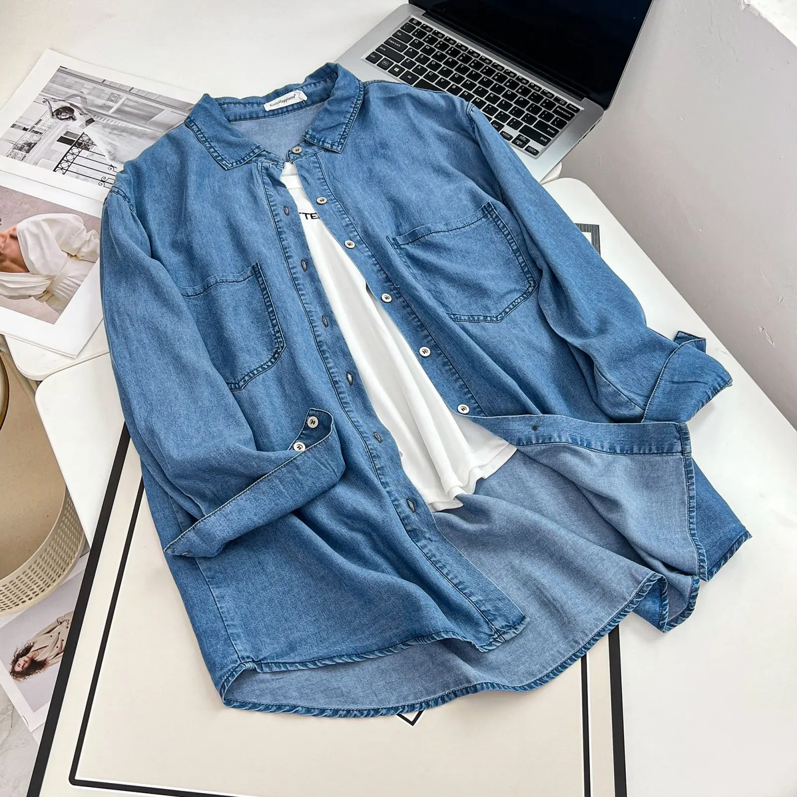 Simple Mid-length Lyocell Denim Shirt Women Plus Size Autumn Winter Casual Clothing Drop Sleeve Blouses Tops E21 K388