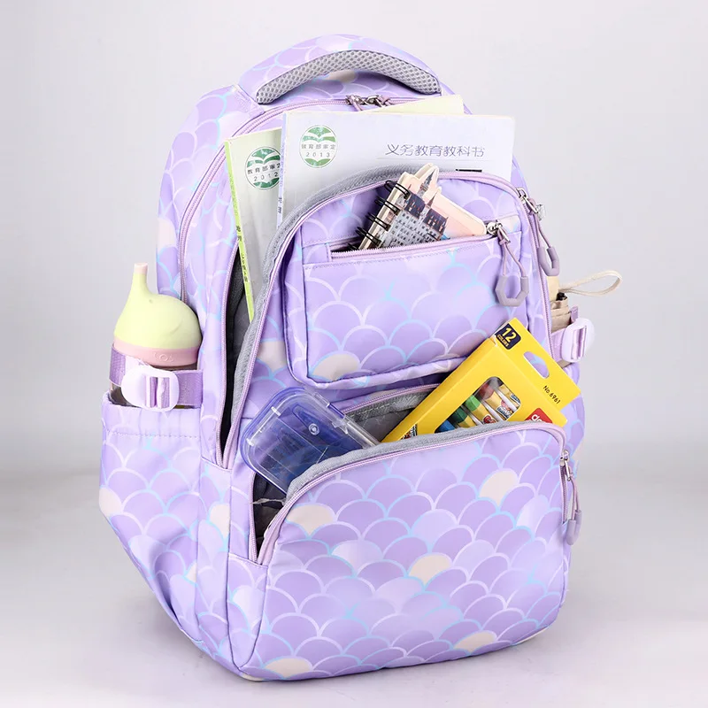 Mochila multifuncional con estampado de escamas de pescado para niñas, morral escolar de nailon de alta calidad con bolsa de almuerzo y lápiz,