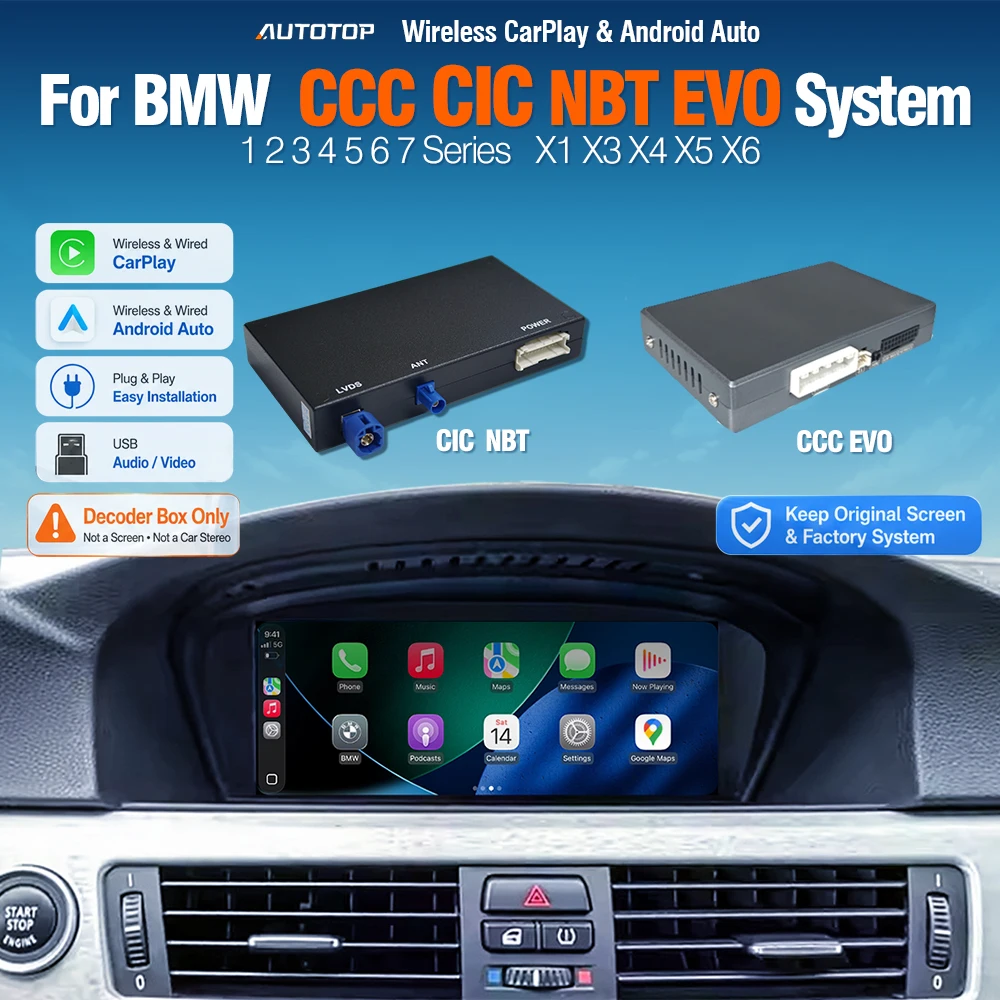 Bezprzewodowy dekoder AUTOTOP CarPlay Android Auto do BMW i MINI CCC CIC NBT EVO MGU MINI Serii 1 3 5 6 7 E90 E91 E92 E93 E81 E82 E87 E88 E60 E61 E70 E65 F40 Interfejs do modernizacji oryginalnego — 2