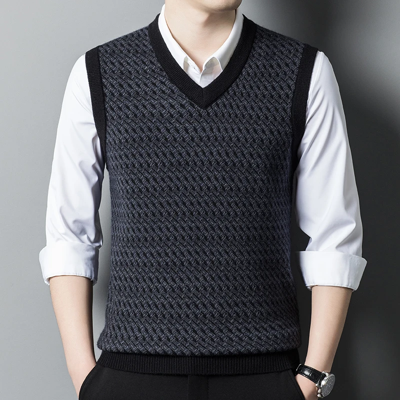 Autumn Winter New Men's Thickened Round Neck Wool Vest Business Casual Soft Fabric Pullover Sleeveless Jacquard Vest