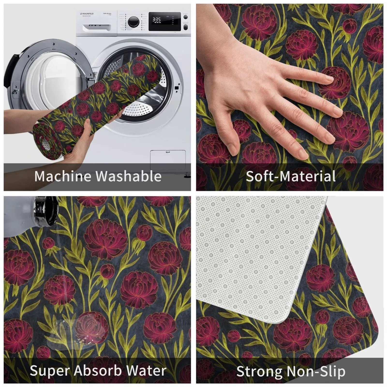 Burgundy Peony Floral Pattern Flannel Floor Mat Anti-Slip Dustproof Kitchen Door Mat