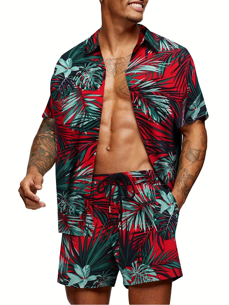 Cool Hawaiian Style Men\'s Short-Sleeved Shirt And Shorts Set Seaside Casual Short-Sleeved Shirt Summer Outdoor Shorts Men\'s Set