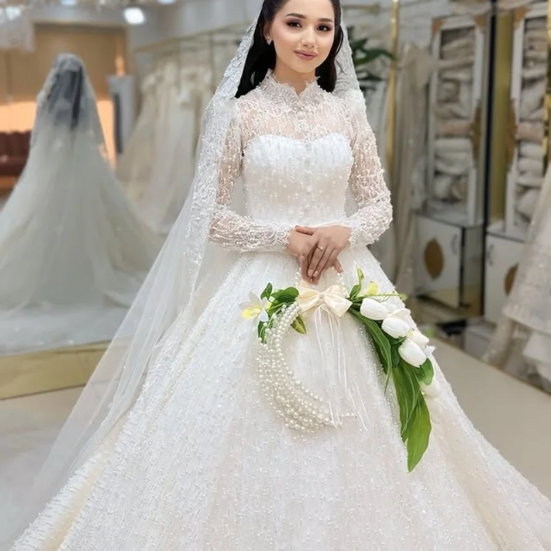 

white Wedding Dresses long sleeves glitter beading decal off-shoulder Bridal Gowns multi-layer Made Customized