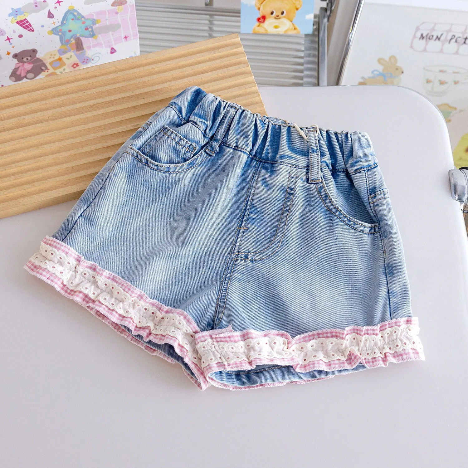 Girls' Soft Denim Shorts  Baby Girls short pant Checkered Lace Trim stylish short trousers