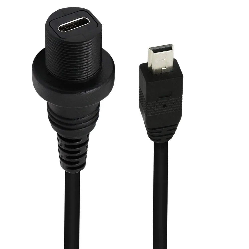 Mini USB 90° Angle Male to USB 3.1 Type C Female  AUX Flush Panel Mount Waterproof Cable for Car Truck Boat Motorcycle Dashboard