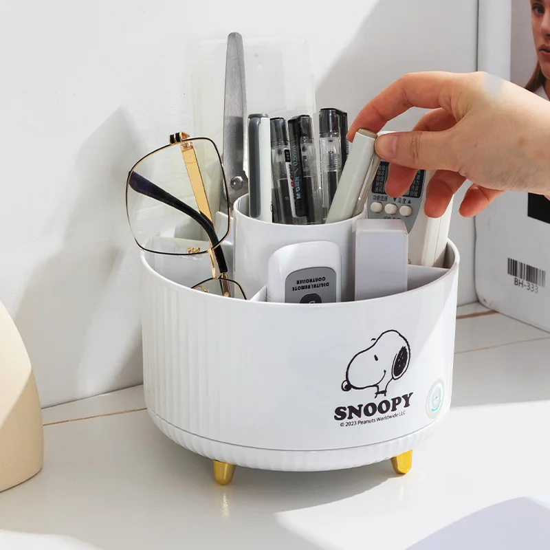 Kawaii Snoopy Large Capacity Pen Holder Cartoon Desktop Makeup Brush Storage Bucket Cute Rotating Stationery Storage Box