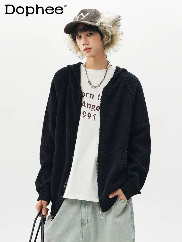 

American Retro Gray Sweater Jacket Stylish Men's Autumn Winter New High-end Youth Trendy Hooded Knitwear