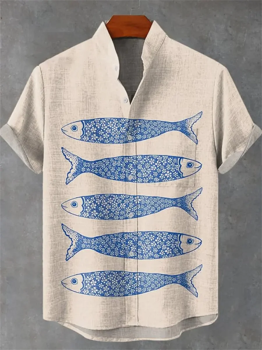 2025 Men's Summer Casual Artistic Fish Pattern Printed Linen Short Sleeve Shirt, Comfortable and Fashionable Button Men's Tops