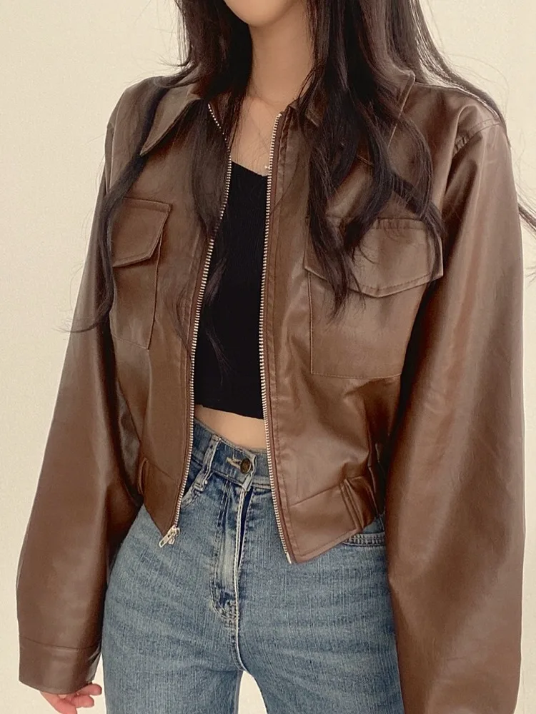 Sli ort Sve Leather Jaet Cappotto da donna chic autunnale con design con cerniera Colletto doppio ket lungo Sve Faionable