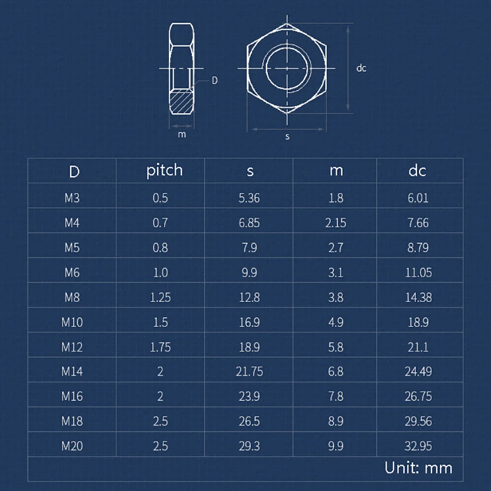 304 Stainless Steel Flat Hex Hexagon Thin Jam Nut M2 M2.5 M3 M4 M5 M6 M8 M10 M12 M14 M16 M18 M20 M22 M24 M27 M30 Half Lock Nuts