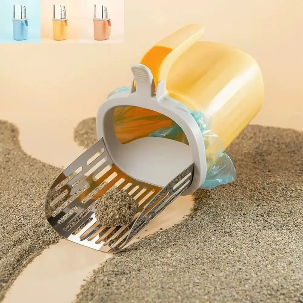 

Stainless Steel Cat Litter Shovel Large Capacity with Trash Can Pet Filter Scoop with Garbage Bag Holder Non-sticker