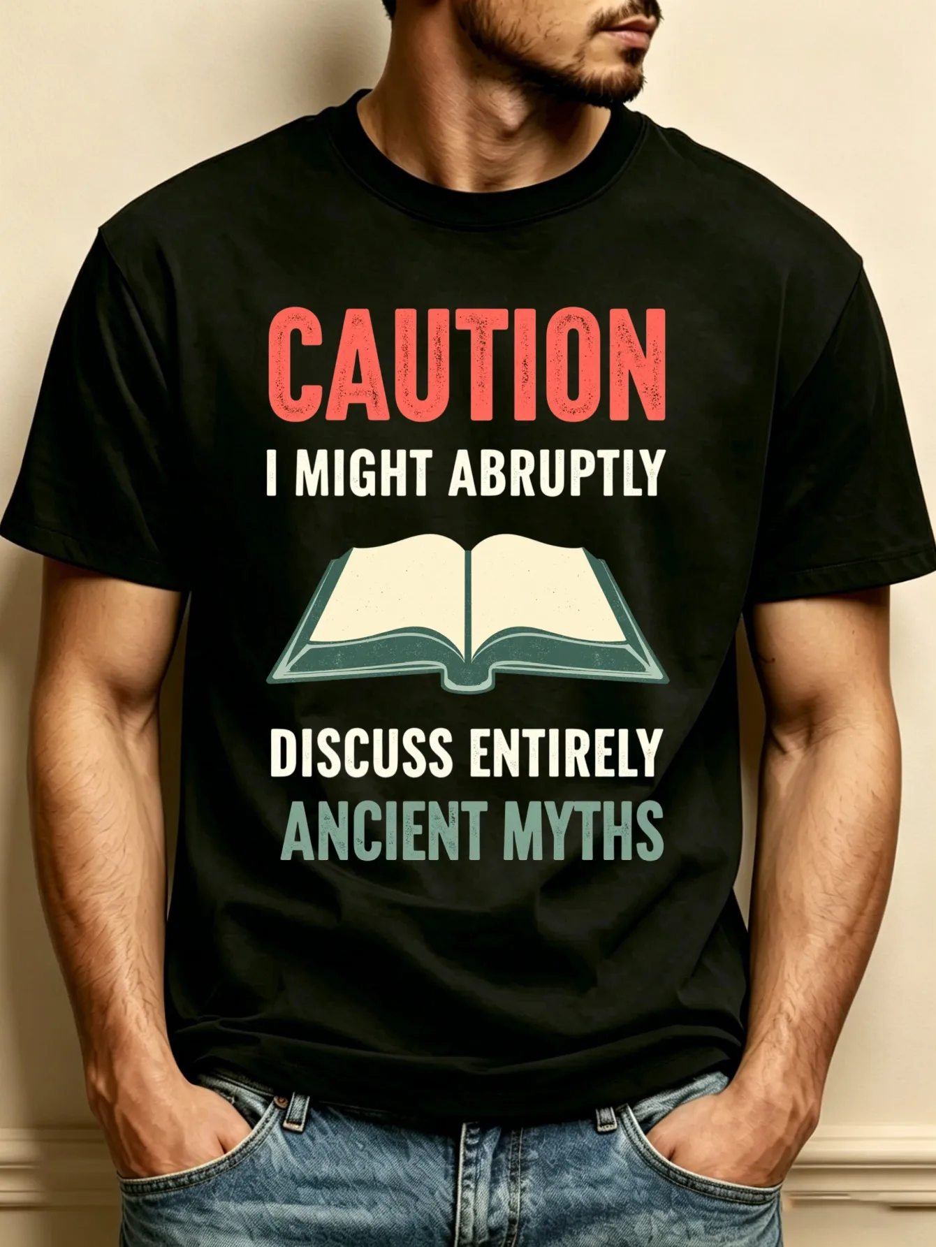 Vintage Style Printed Men's Crew Neck T-Shirt, Loose Fit, Pure and Stylish, Versatile, Soft and Comfortable Fabric, Suitable for Daily Wear and as a Great Gift. Note: I May Suddenly Start Discussing Completely Ancient Myths. the Design Perfectly Matches Those Who Are Interested in Myths and Reading Enthusiasts. Suitable for Casual Outings in Autumn and Winter. an Excellent Gift for Giving to Friends and Family during Holidays Like Halloween and Christmas