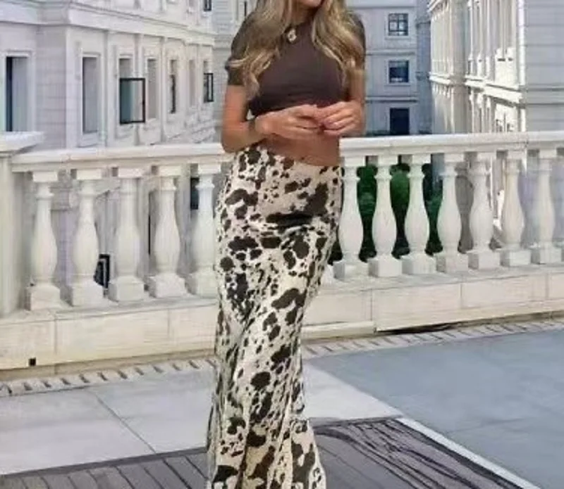 

2025 Spring Summer Women's Fashion niche animal print silk satin texture high waisted midi skirt