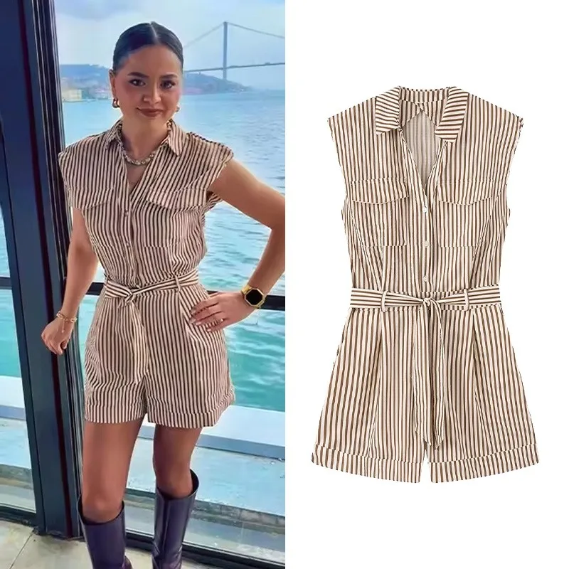 

Women's Striped Bodysuit with Belt New 2026 Spring Summer Sleeveless Button Women Playsuit Beach Style Female Bodysuits