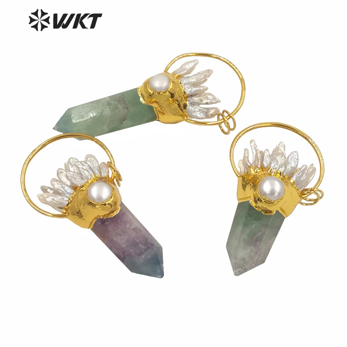 WT-P1679 Wholesale Fashion Gold Plated Cherry & Black Obsidian Pendant With Pearl Charm On Top Energy Hexagon Spirit Quartz