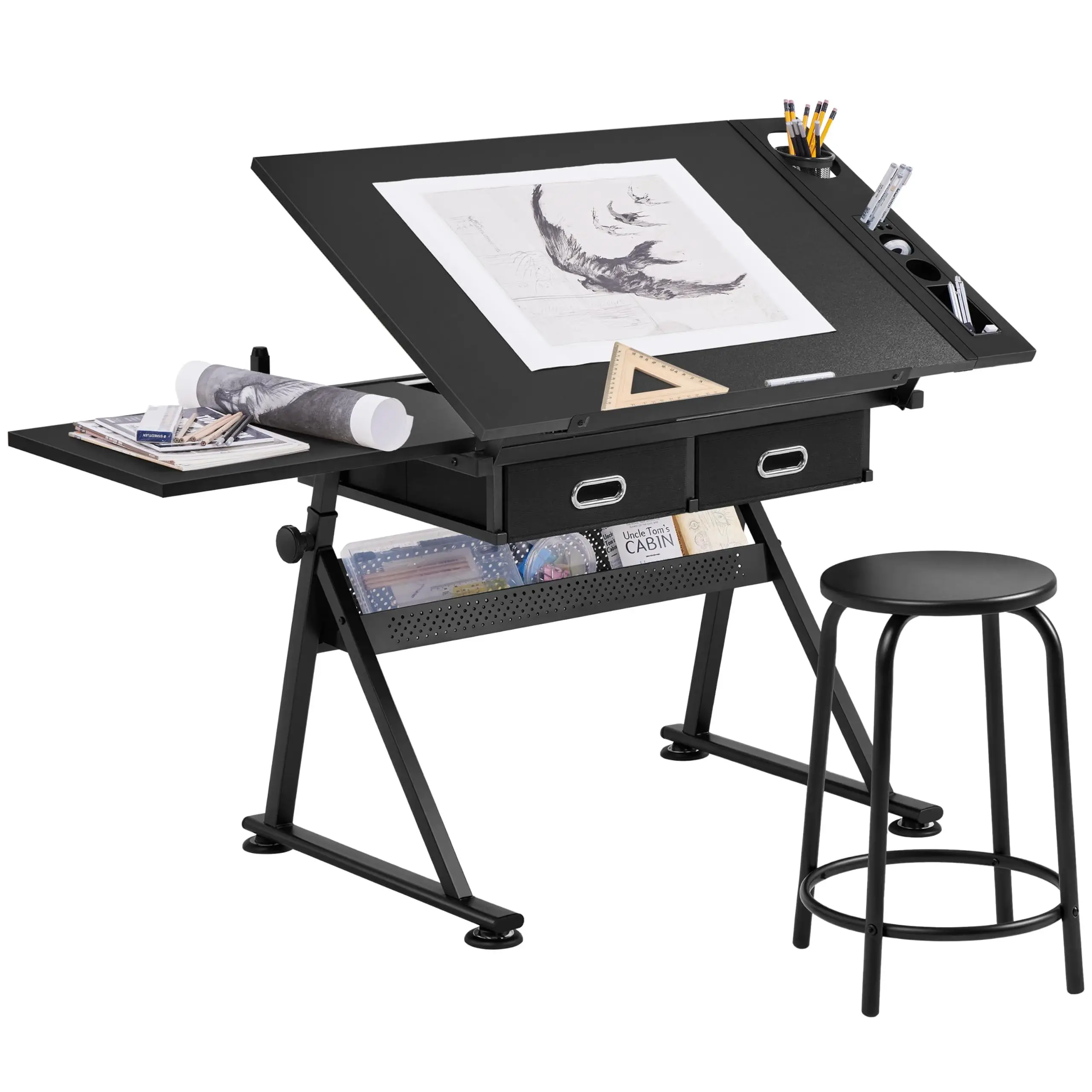 Adjustable Drafting Table Art Desk,Storage Drawers & Stool,Black