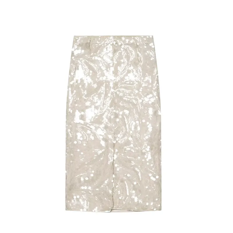 Nlzgmsj 2026 Women Shiny Sequin Straight Midi Skirt Elegant High Waist Bodycon Long Skirt Night Out Party Clubwear