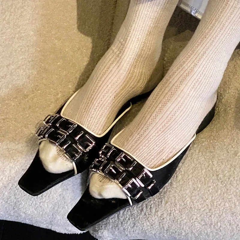 Fashion Metal Buckle Female Slides Women Heel Slippers Footwear New In 2024 Beach Shallow Ladies Round Heel Slippers Shoes