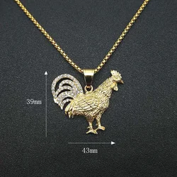 Animal Creative Necklace New Men's Fashion Titanium Steel Gold Plated Rhinestones Rooster Pendant Necklace Hip Hop Jewelry