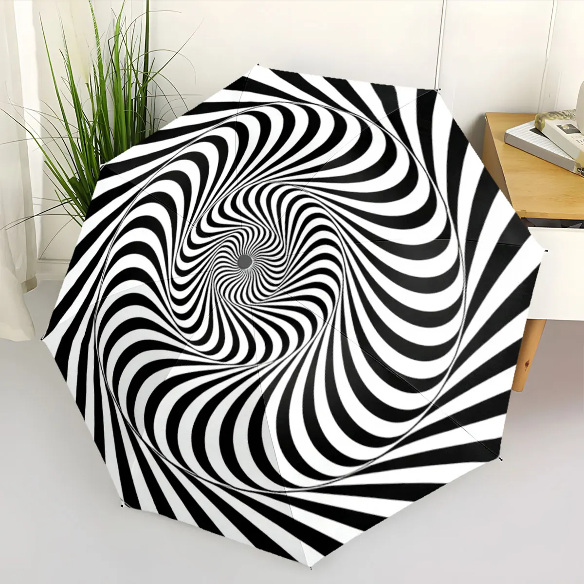 1PC Visual Illusion Umbrella with Hypnotic Swirl Pattern Print 8 Iron Ribs Folding Umbrella Auto-Open Fashion Sunshade