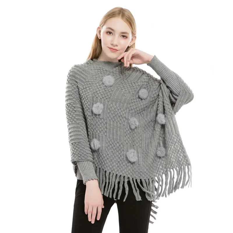 Women Pompon Sweater Tassel Loose Knitwear Batwing Sleeves Ball Out Street Shawl Poncho Cape V Neck Knitted Striped Pullover